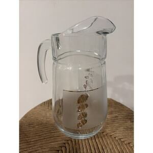 Vintage Glass Pitcher with Grapes Leaves Gold Accented Trim Etched Clear Glass